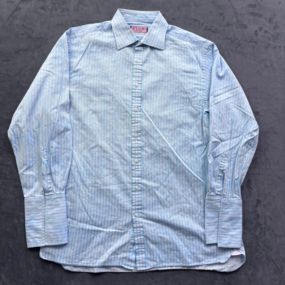 Thomas Pink Jermyn Street Mens 17 35 Blue Striped Cotton French Cuff Dress Shirt